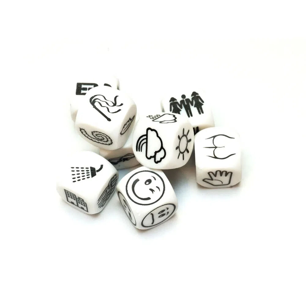 Detalhe dos dados do Jogo Erotic Story Dice, mostrando s�mbolos como beijo, sol e car�cia em um fundo branco