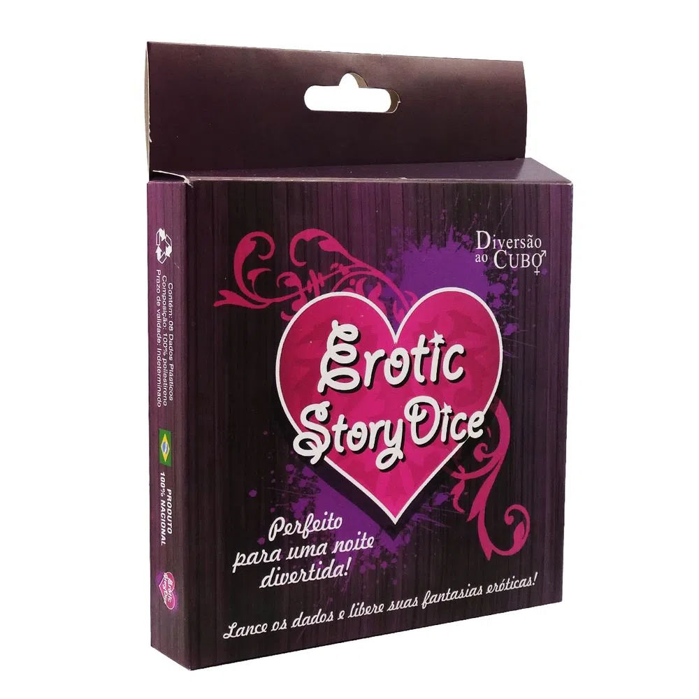 Embalagem do Jogo Erotic Story Dice: caixa roxa com o cora��o 'Erotic Story Dice' e a frase 'Perfeito para uma noite divertida!'