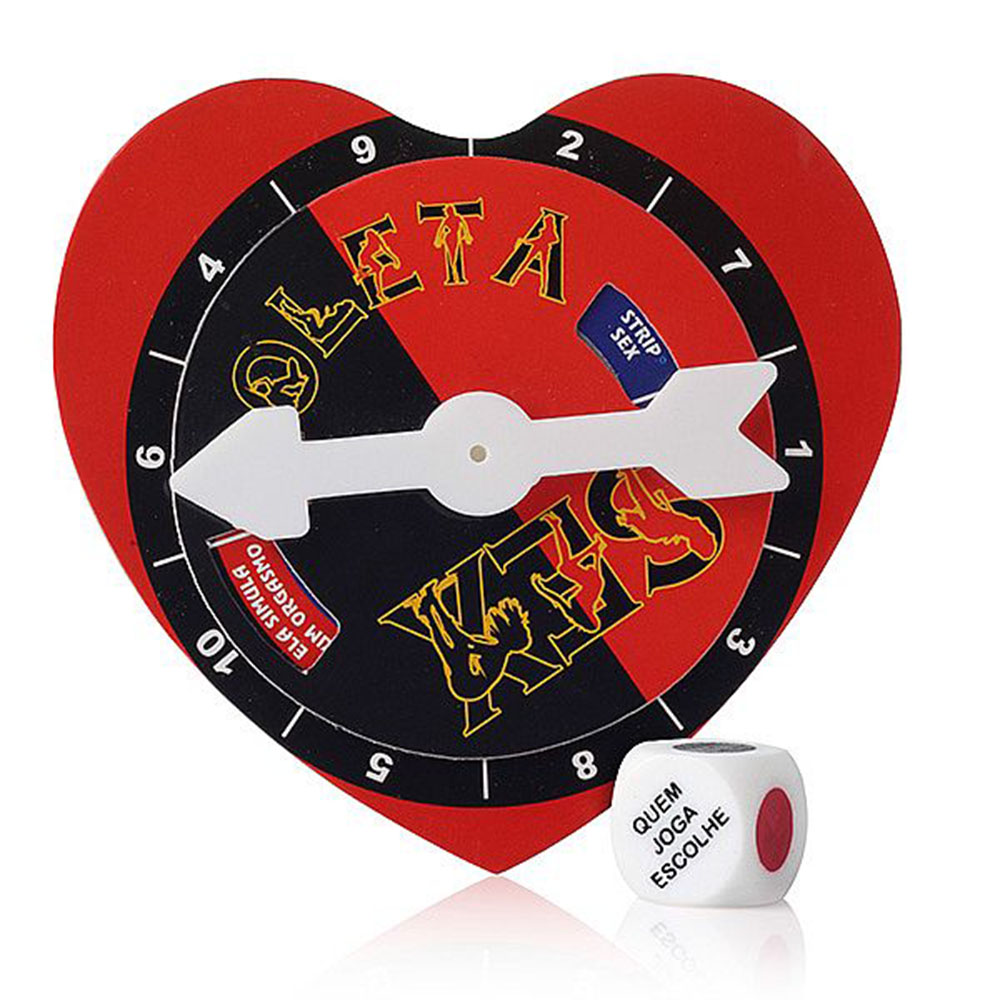 Vista superior do Jogo Roleta do Amor, destacando o ponteiro branco sobre as divis�es da roleta, com as cores vermelho e preto e a face do dado 'Quem joga escolhe' vis�vel.