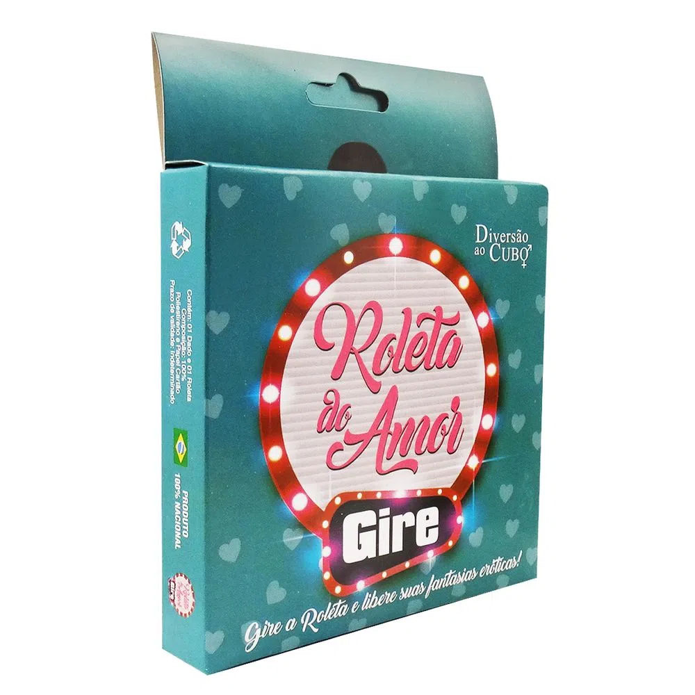 Caixa do Jogo Roleta do Amor em tom verde-�gua com a frase 'Gire a Roleta e libere suas fantasias er�ticas', e detalhes de cora��es ao fundo.