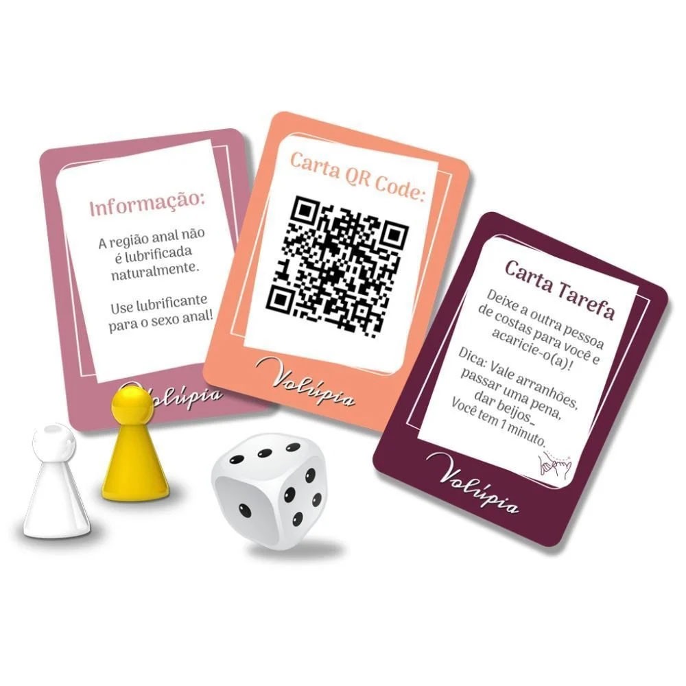 Detalhe do Jogo de Sexo Tabuleiro Vol�pia com cartas de 'Informa��o', 'QR Code' e 'Tarefa' e pe�es