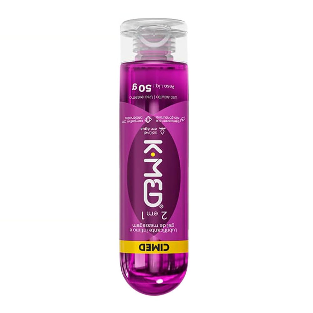 Gel Lubrificante �ntimo K-Med 2 em 1 - frasco de 50g em vista vertical deitado, com o r�tulo para baixo