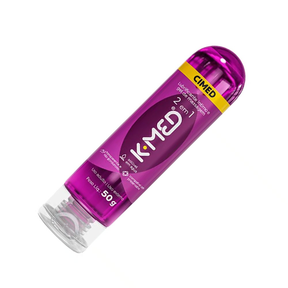 Gel Lubrificante �ntimo K-Med 2 em 1 - frasco de 50g de cabe�a para baixo, com foco na base e na tampa