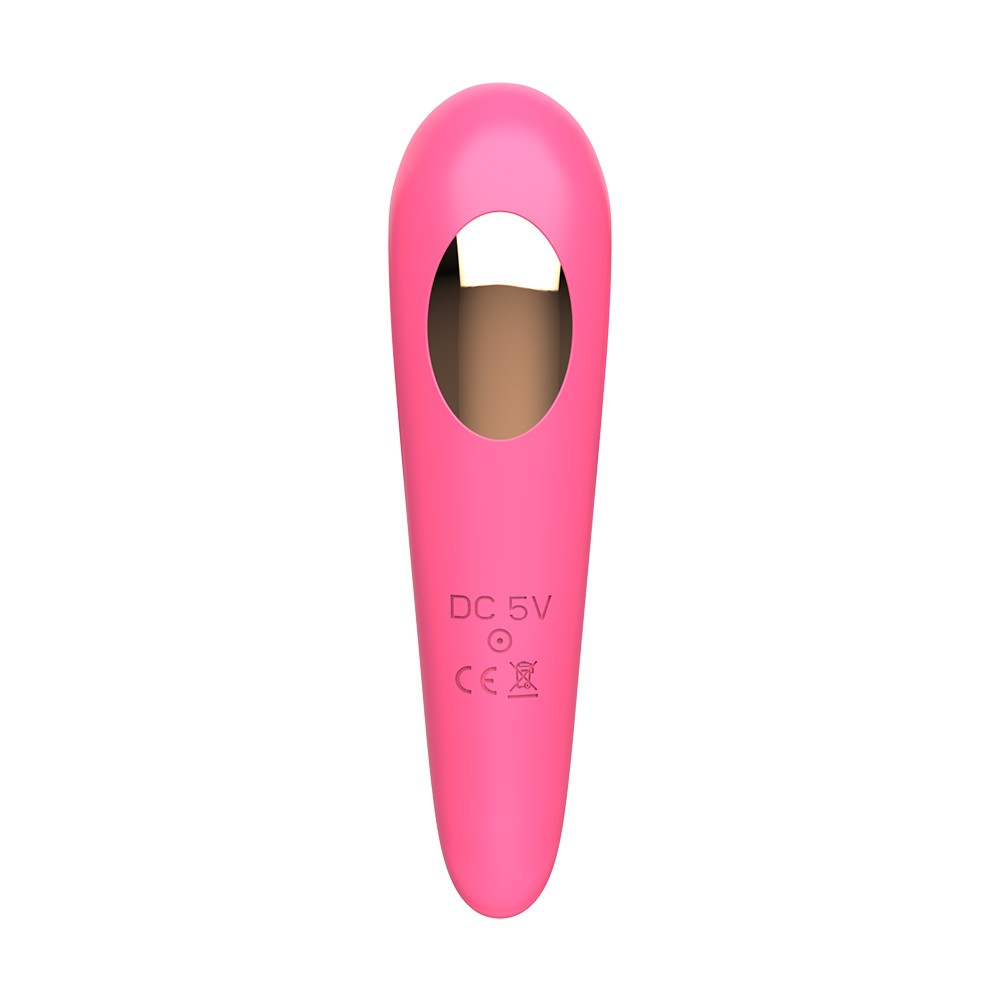Estimulador de Clit�ris Essie Pink, vista traseira, mostrando o orif�cio para carregamento USB e as marca��es de seguran�a