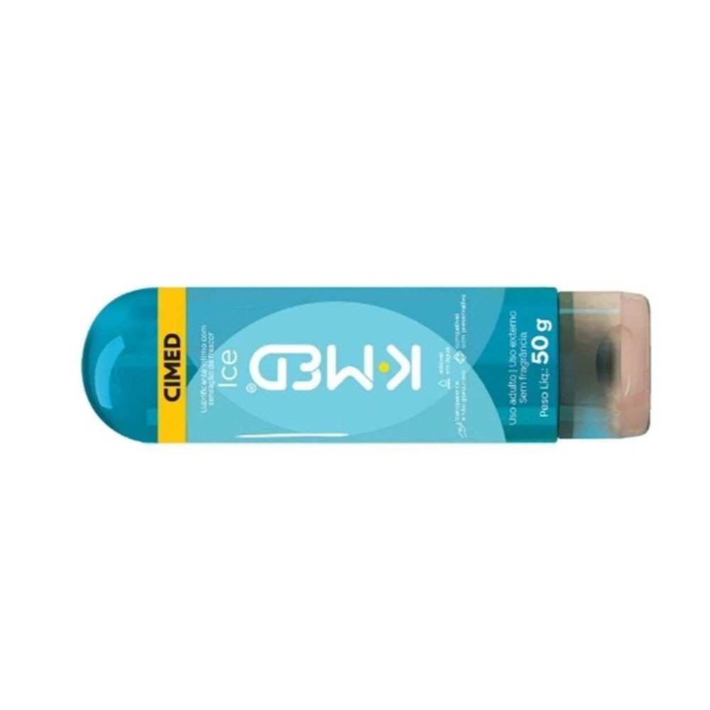 Gel Lubrificante �ntimo K-Med Frescor 50g - Embalagem deitada de frente, mostrando tampa azul e marca