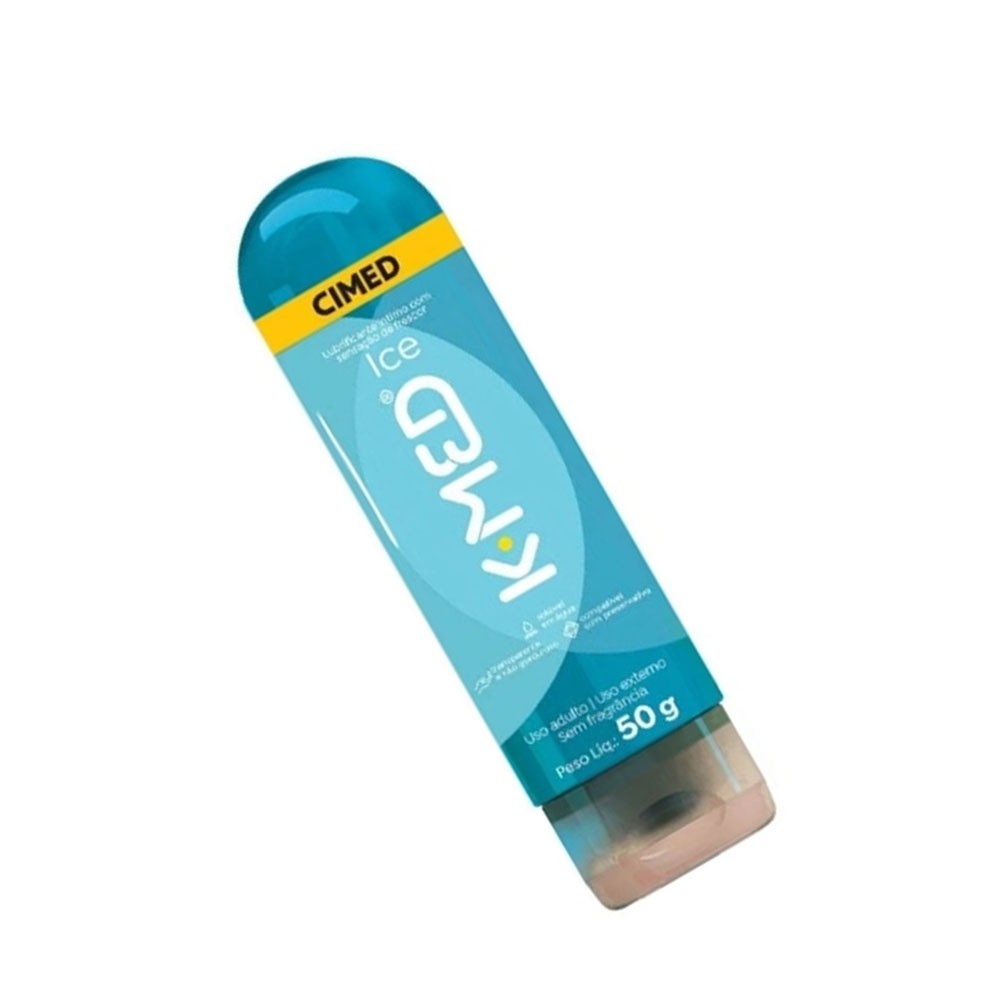 Gel Lubrificante �ntimo K-Med Frescor 50g - Embalagem em p�, vista de tr�s, mostrando mais informa��es e o logotipo CIMED
