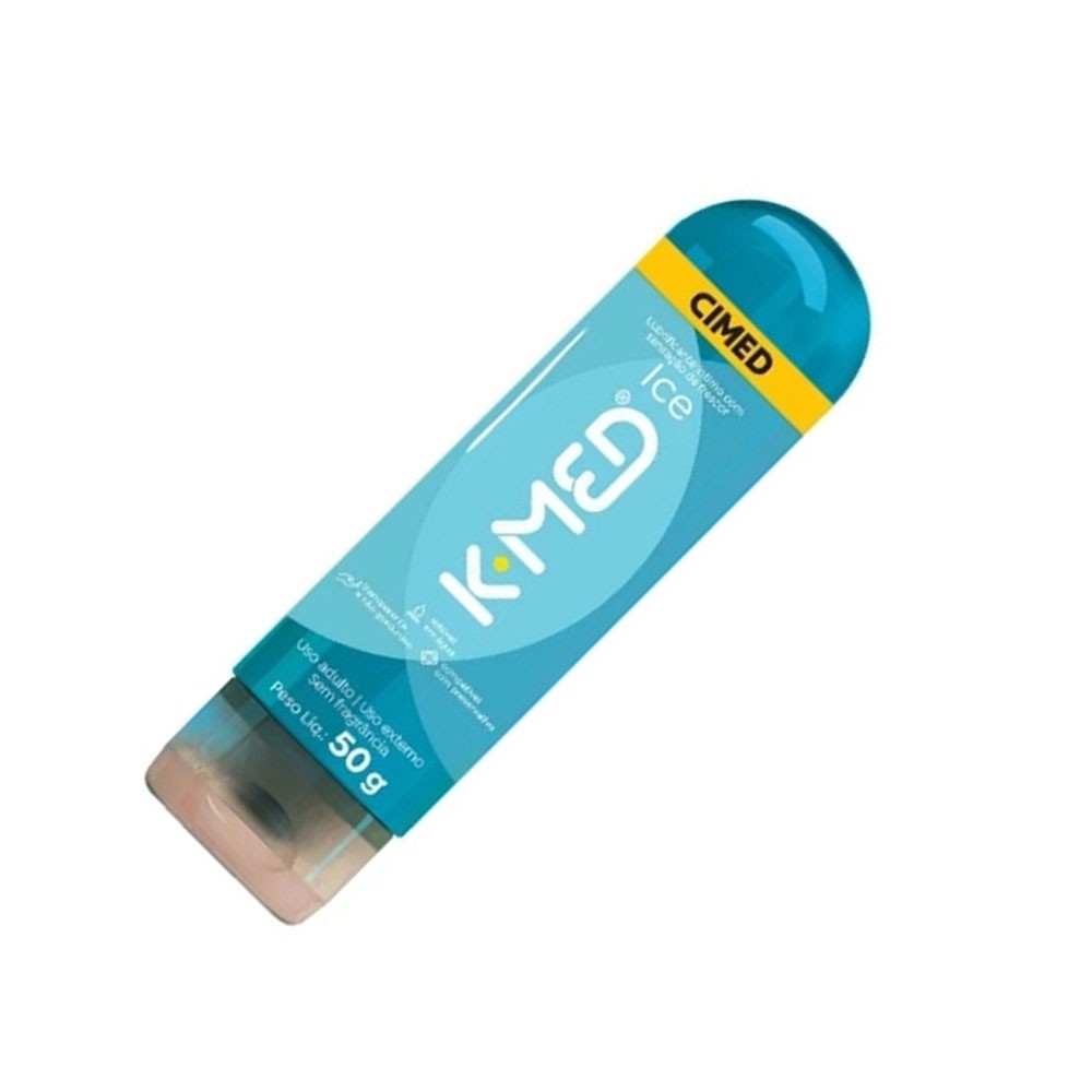 Gel Lubrificante �ntimo K-Med Frescor 50g - Embalagem em perspectiva, destacando a textura transparente e a cor azul do r�tulo