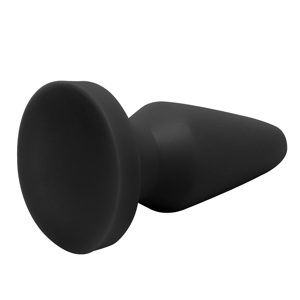 Plug anal com base easy preto, vista deitado em fundo branco, detalhando a base e o corpo liso