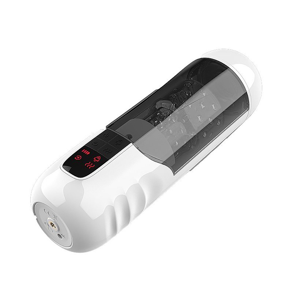 Masturbador Masculino Recarreg�vel com 10 Vibra��es, Rota��o, Vai e Vem, Gemido Luz de Led Branco em vista lateral, com luzes vermelhas indicadoras e bocal escuro.