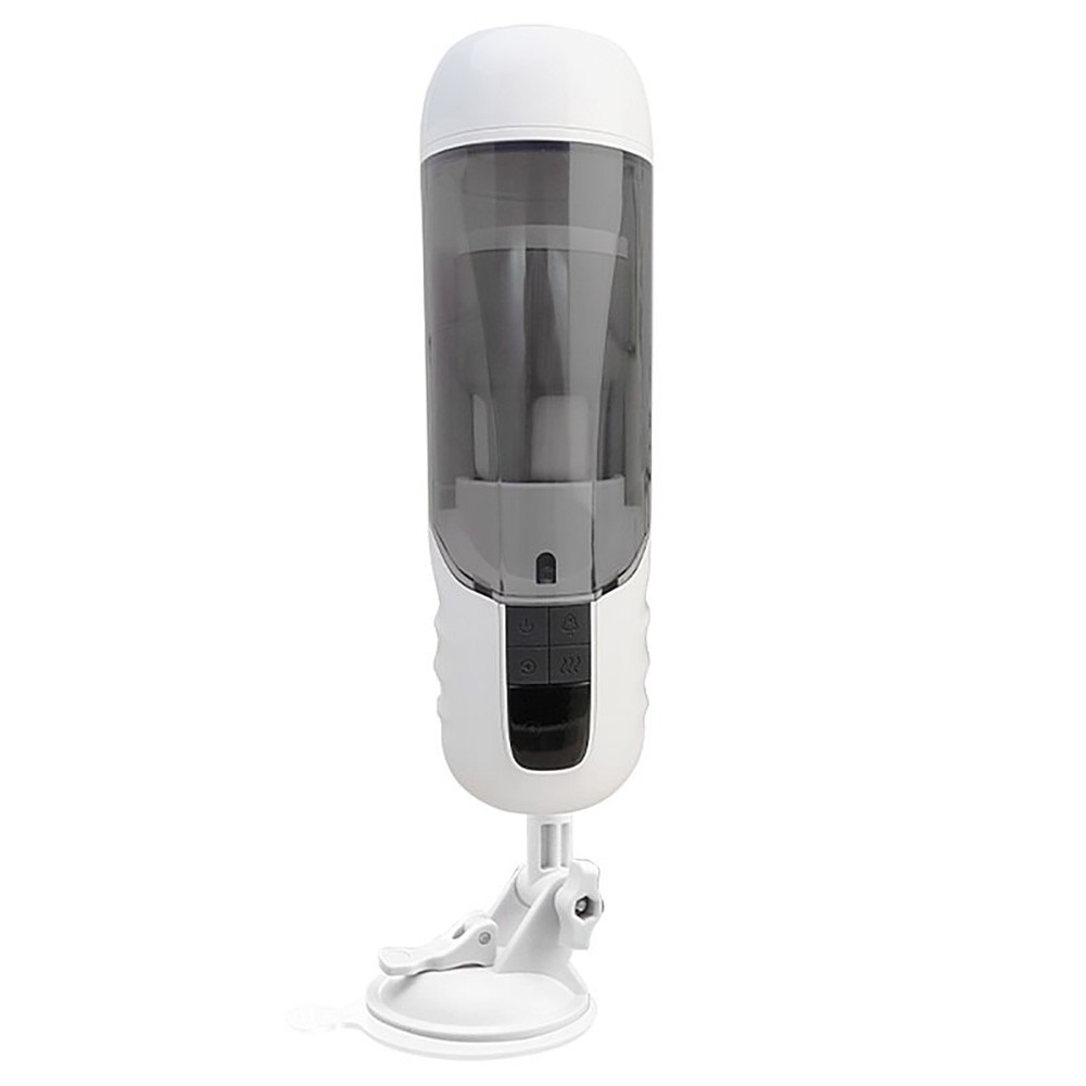 Masturbador Masculino Recarreg�vel com 10 Vibra��es, Rota��o, Vai e Vem, Gemido Luz de Led Branco com ventosa para fixa��o ativa em vista frontal.
