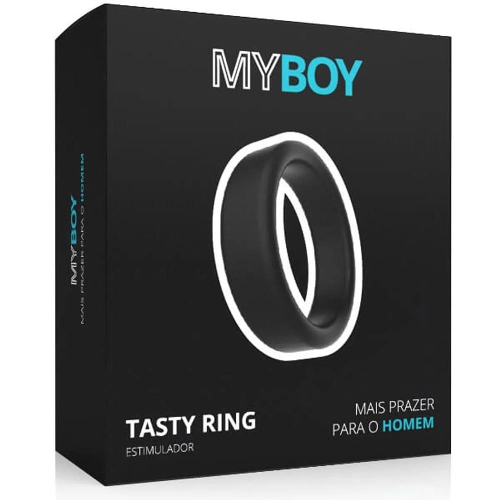 Anel Peniano Tasty Ring Preto em silicone ao lado de sua embalagem preta e branca com design minimalista.