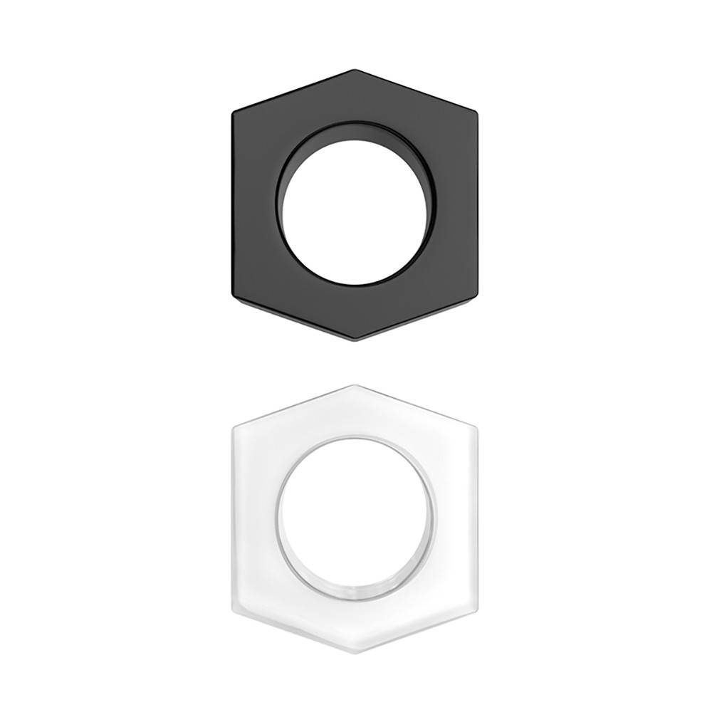 Anel peniano Mega Ring preto e anel transparente, ambos com design hexagonal, em fundo branco