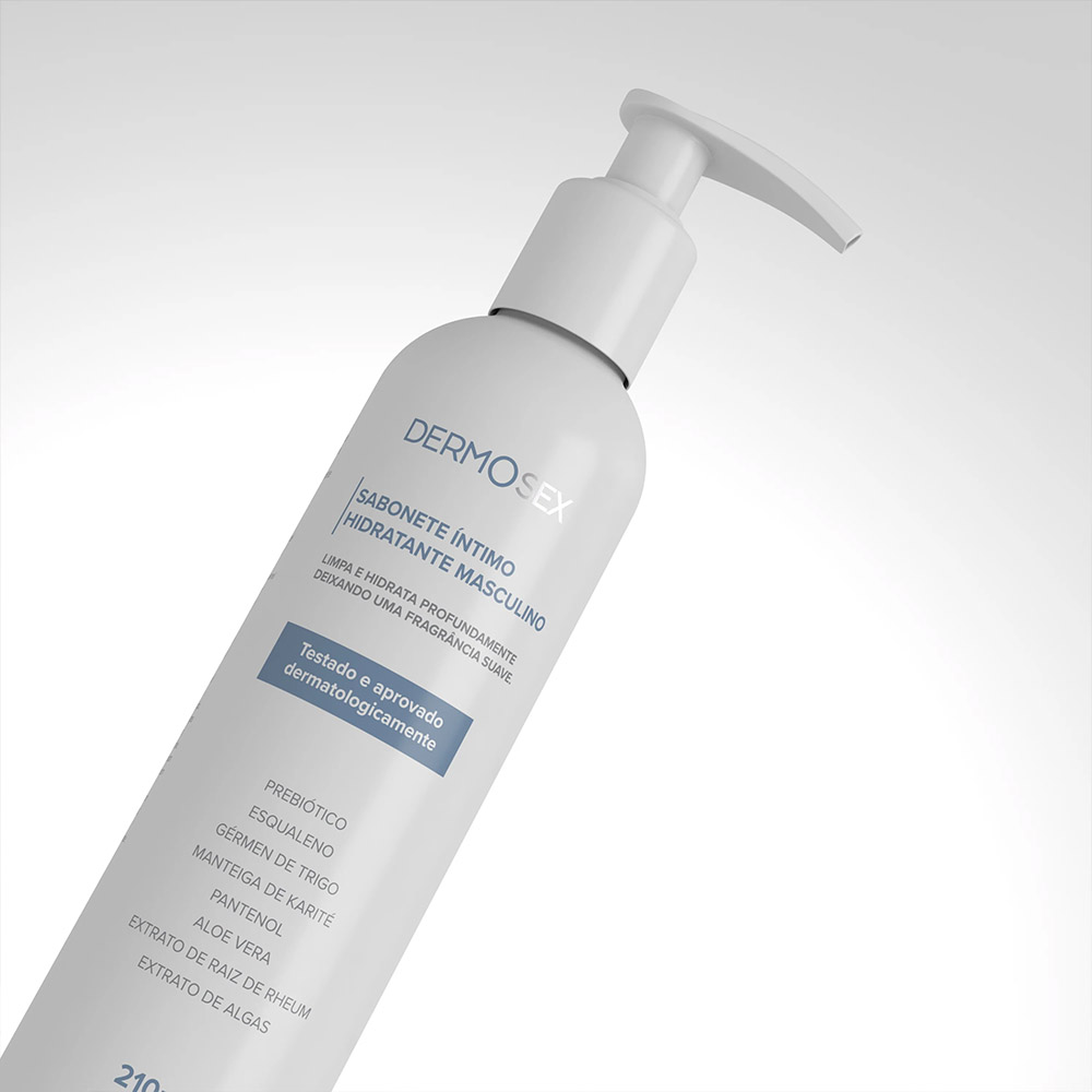 Sabonete �ntimo Masculino Dermosex em vista angular, mostrando o frasco branco com detalhes do r�tulo e bico pump.