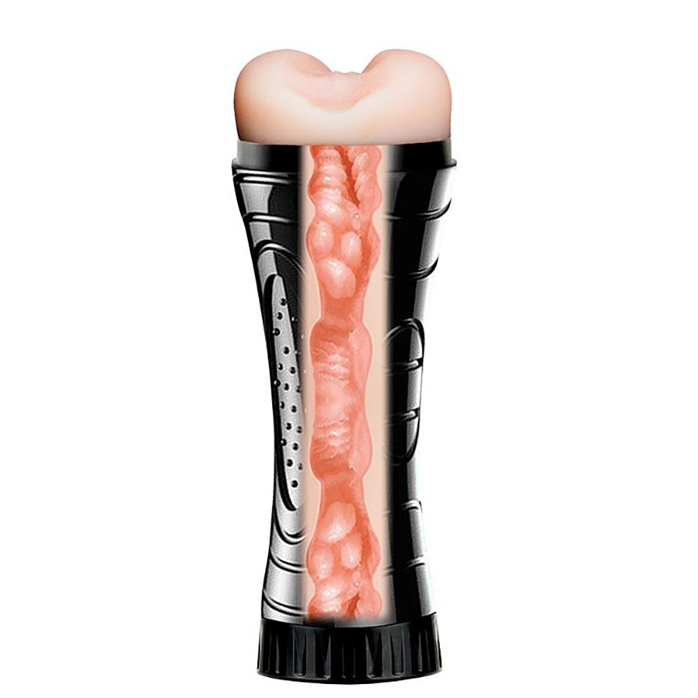 Corte transversal do Masturbador Lanterna Jack Bege, revelando a textura interna realista em Cyberskin