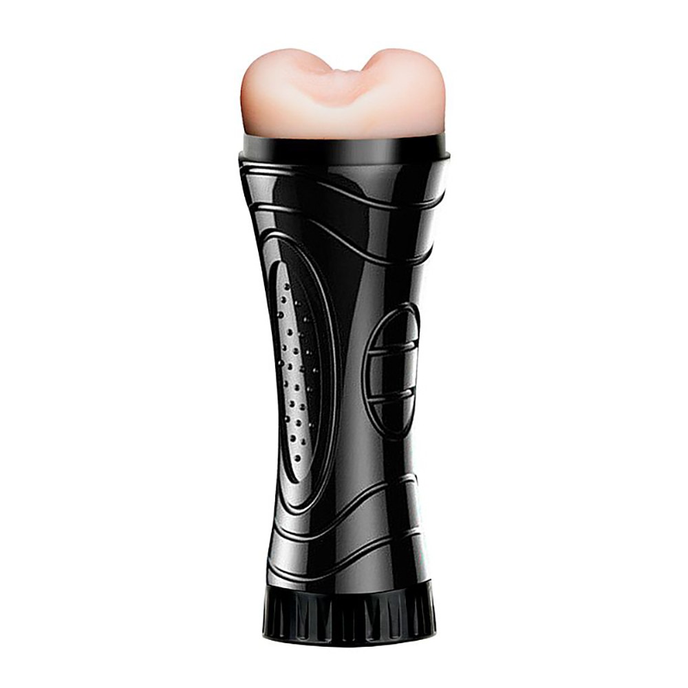 Vista lateral do Masturbador Lanterna Jack Bege em Cyberskin, mostrando detalhes da carca�a preta em pl�stico r�gido