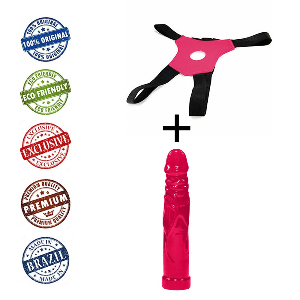 Vista da cinta peniana Tall Pink em uso em manequim, mostrando o ajuste e o caimento da pr�tese