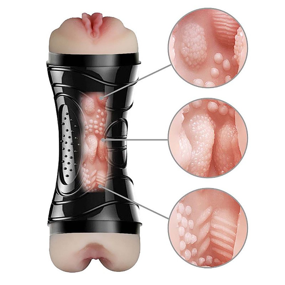 Masturbador Disfar�ado Lanterna 2 em 1 em Cyberskin Bege, com detalhes ampliados das texturas internas dos canais de vagina e �nus.