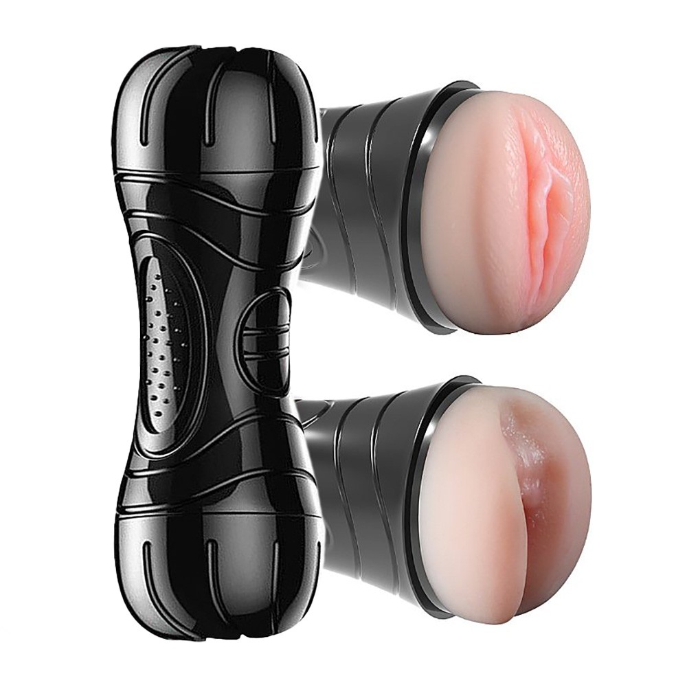 Masturbador Disfarçado Lanterna 2 em 1 em Cyberskin Bege, com o canal da vagina exposto e a capa ao lado, evidenciando o material Cyberskin.