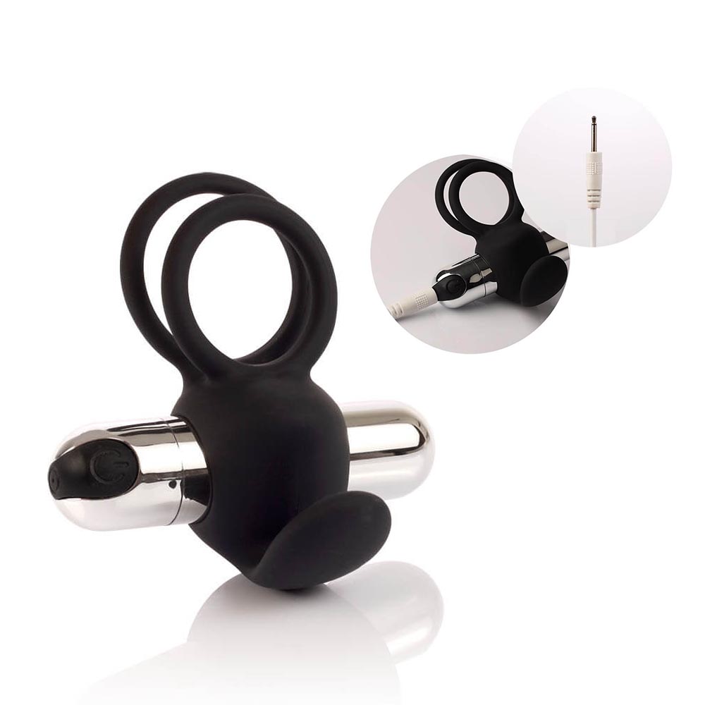 Anel Peniano Dom Preto e detalhe ampliado do cabo de carregamento, mostrando a entrada no vibrador
