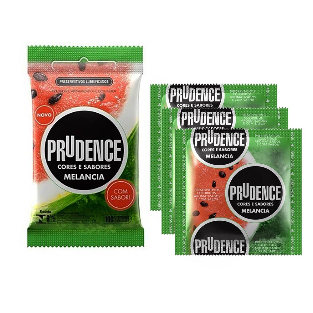 Preservativo Prudence Sabor e Aroma de Melancia 3 Unidades - Pacote principal e tr�s sach�s individuais, destacando o novo design e o selo 'Com Sabor!'