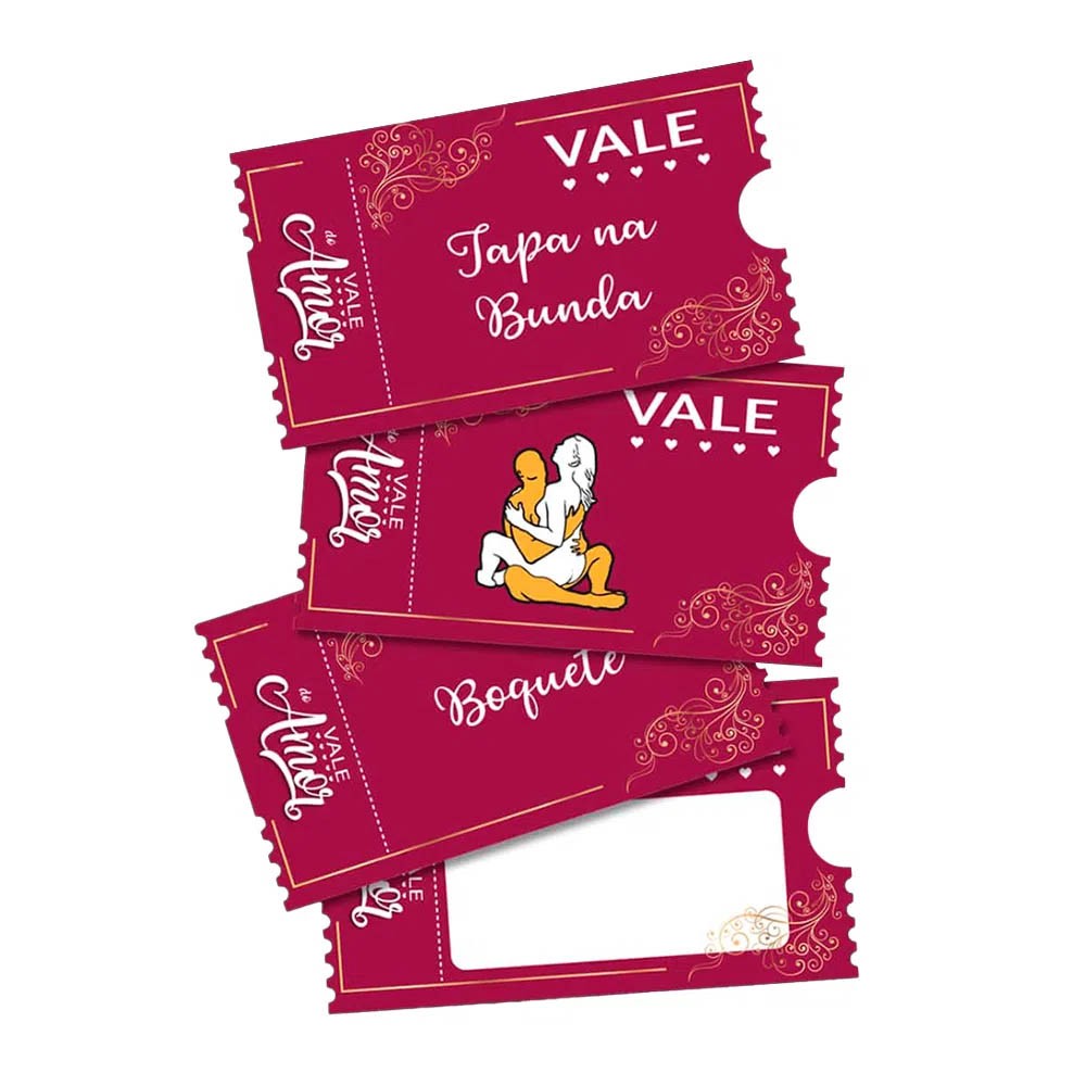 Conjunto de tr�s vales do jogo Vale do Amor em tons de vinho e dourado, com ilustra��es er�ticas e frases como 'Tapa na Bunda' e 'Boquete'.