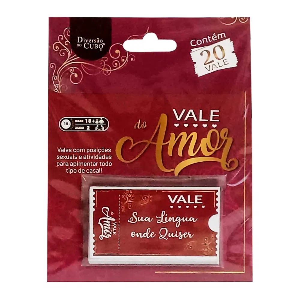 Embalagem do Jogo de Sexo Vale do Amor com um vale 'Sua L�ngua onde Quiser' em primeiro plano, destacando o conte�do de 20 vales.