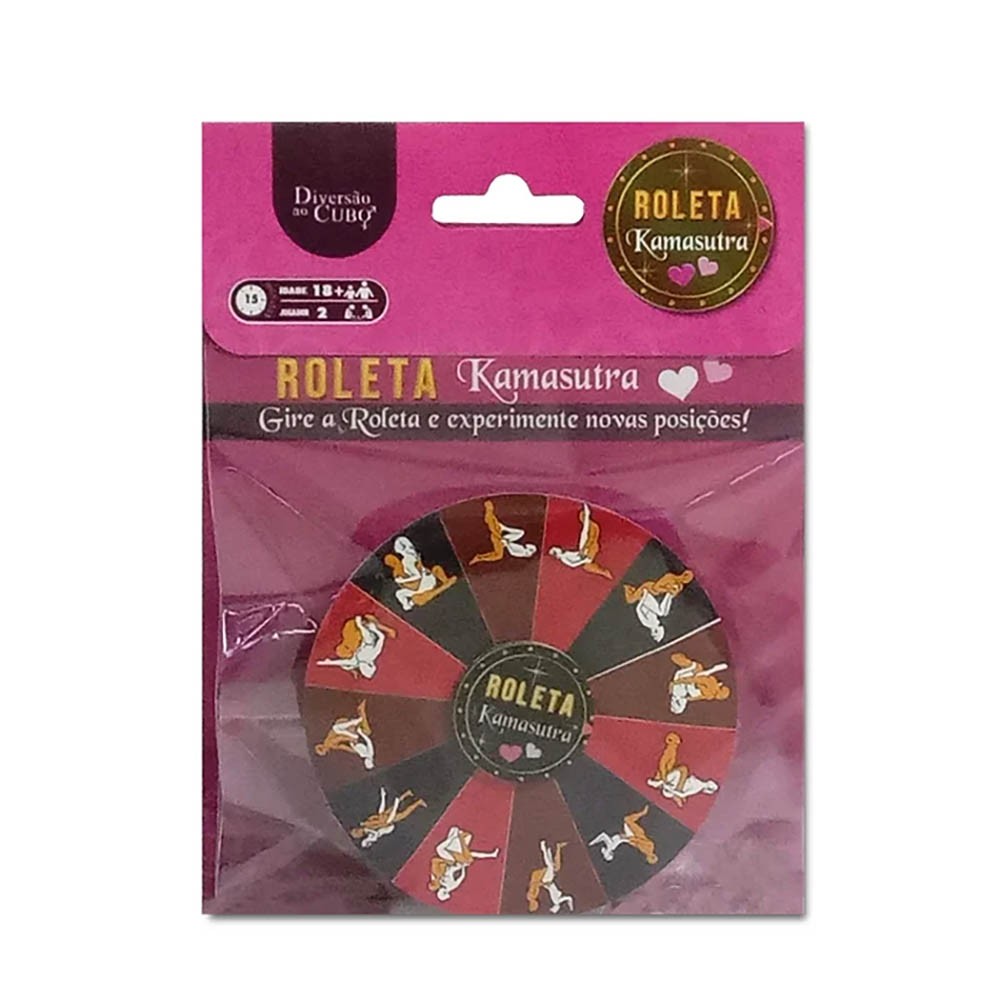 Embalagem do Jogo de Sexo de Roleta Kamasutra em fundo branco, destacando o nome do produto e a marca 'Divers�o ao Cubo'.