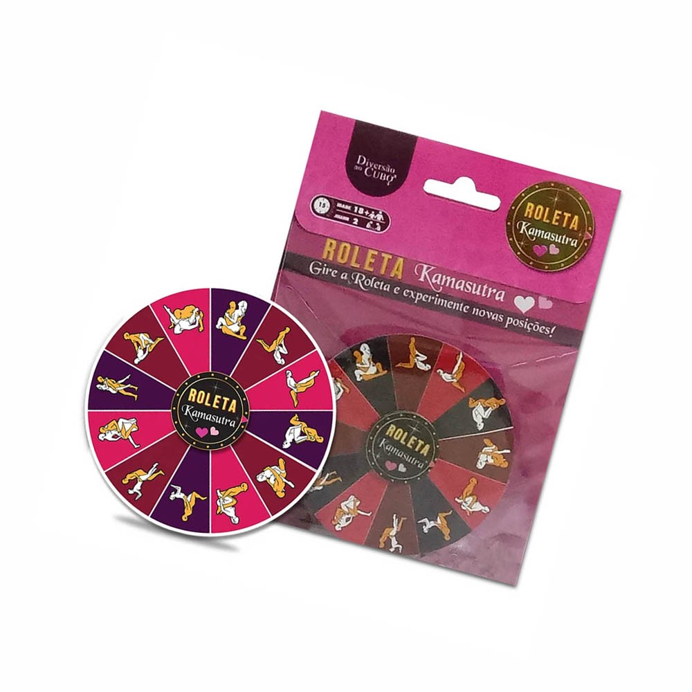 Embalagem do Jogo de Sexo de Roleta Kamasutra ao lado da roleta, mostrando o design completo do produto e a sugest�o de giro para novas posi��es.