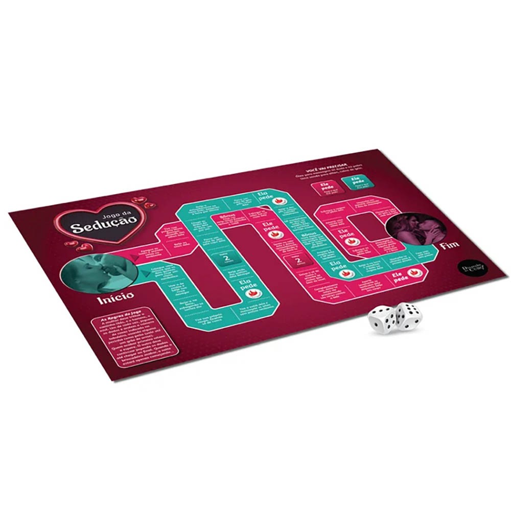 Jogo de Tabuleiro Jogo da Sedu��o, vis�o do tabuleiro estendido e dados, pronto para jogar