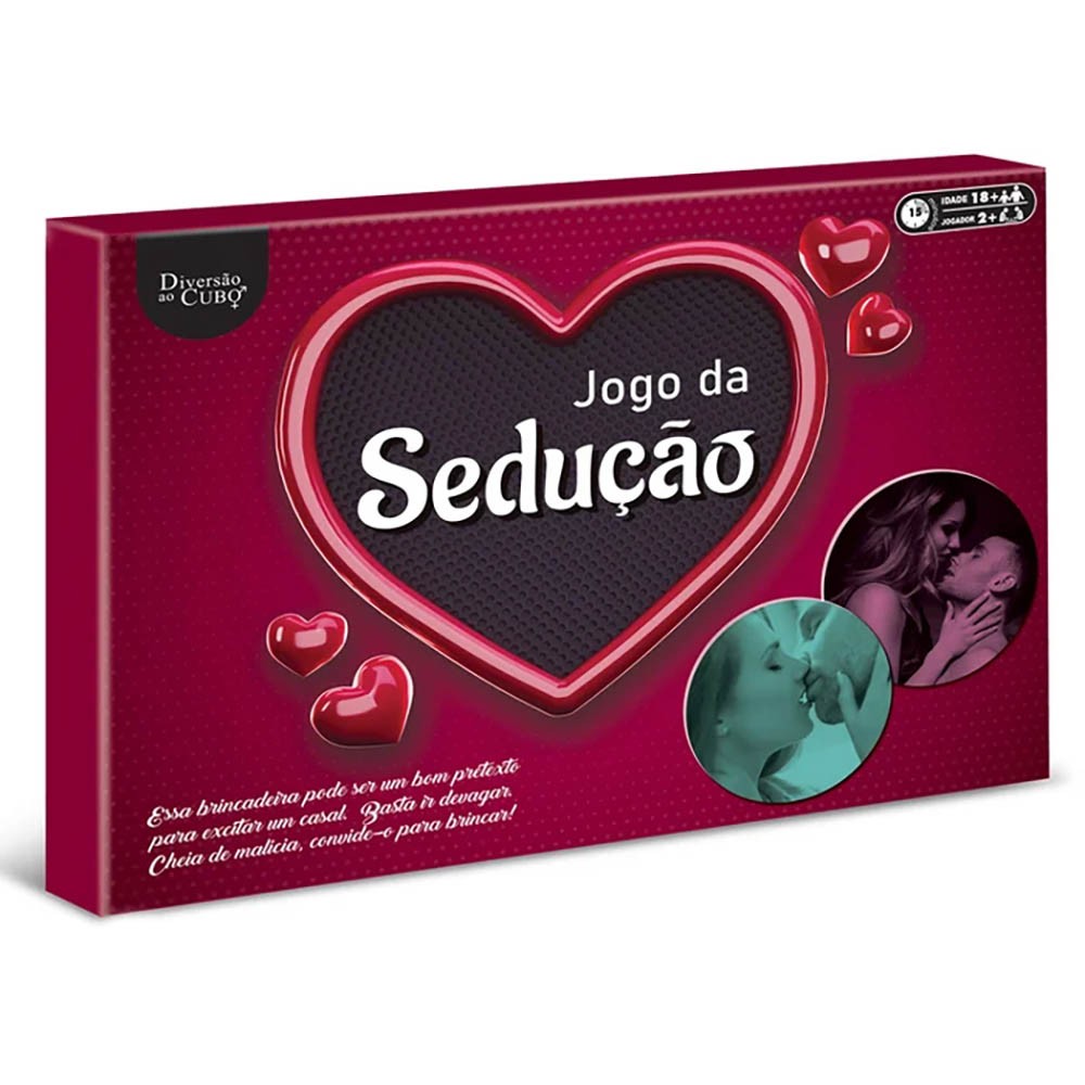 Embalagem do Jogo da Sedu��o em destaque, com cora��es e casais se beijando no design