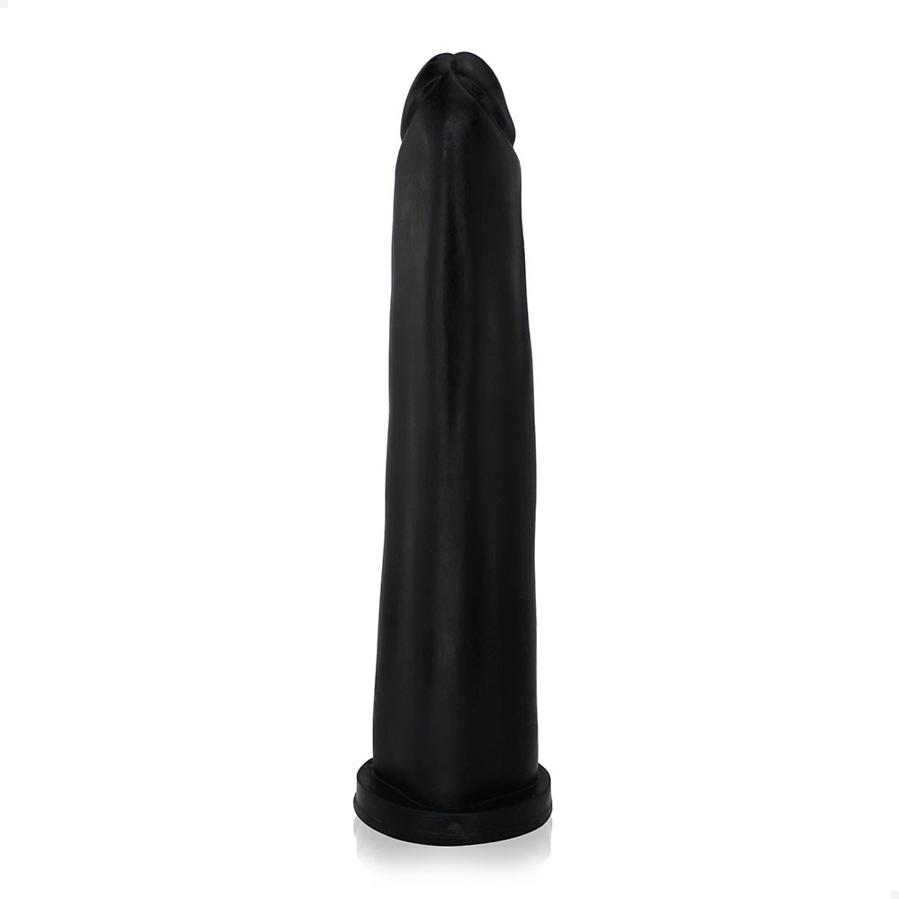 Detelhe da cabe�a do P�nis Gigante e Grosso Flex�vel Comprido 30 x 5,8cm Preto, mostrando acabamento e curvatura