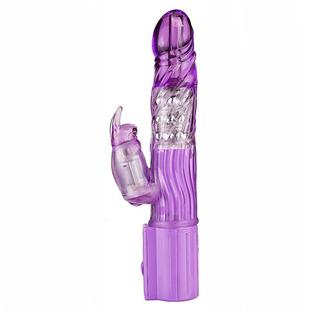 Vibrador Rabbit Multivelocidade com Rota��o e Vibra��o Sex and The City Roxo em vista lateral mostrando o corpo principal e o estimulador externo