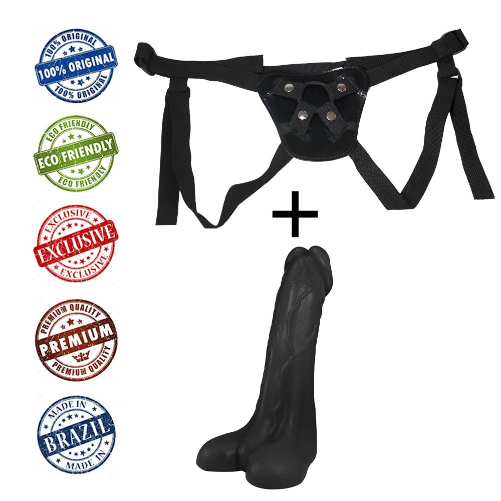 P�nis real�stico preto da cinta peniana, exibindo detalhes da textura e formato natural, sobre fundo branco