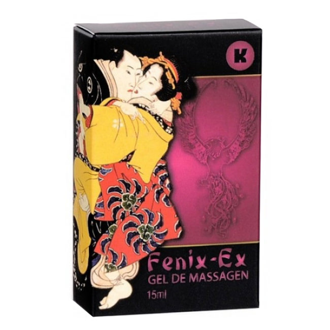 Caixa da embalagem do Gel Massageador Hot Fenix 15ml, com ilustra��o de casal japon�s e design preto e rosa