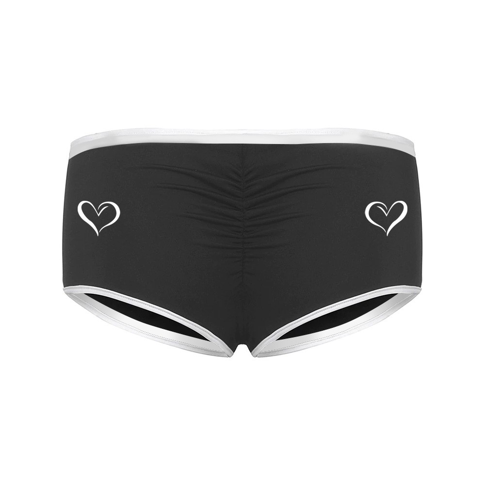 short sensual preto com franzido e dois cora��es brancos, vista traseira isolada