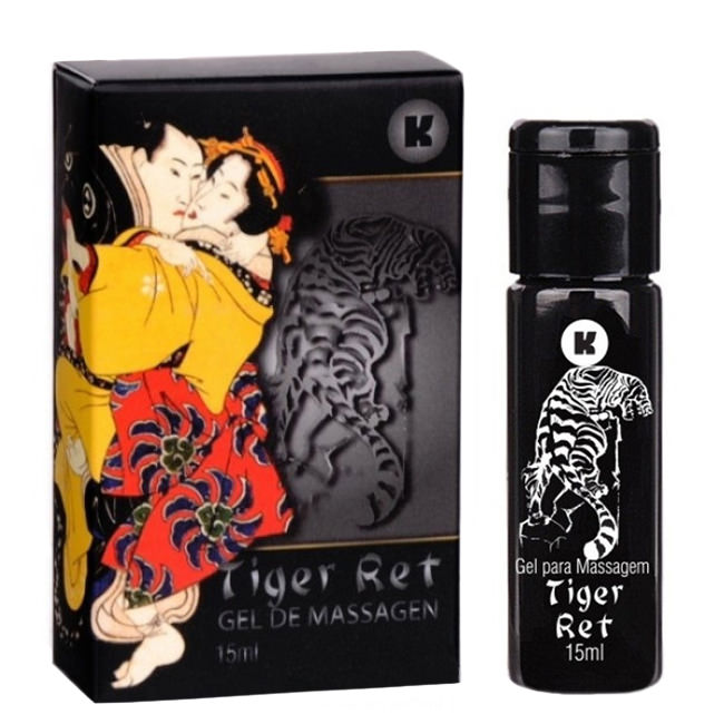 Embalagem de caixa do Gel Retardante Tiger Ret 15ml ao lado do frasco do produto, com arte inspirada na cultura japonesa