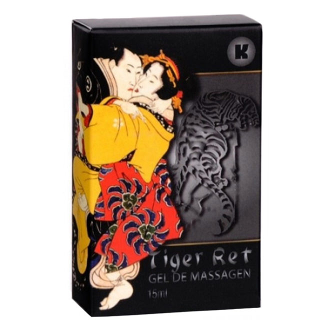 Caixa do Gel Retardante Tiger Ret 15ml em close-up, destacando a arte com figuras humanas em estilo japon�s e um tigre ao fundo