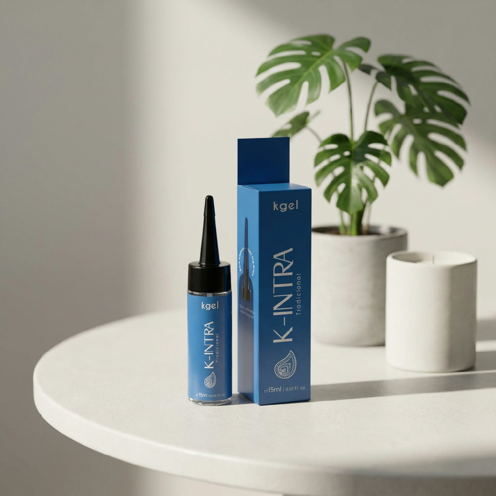 Gel Lubrificante K-Intra 15ml em embalagem e frasco, sobre uma mesa branca com planta ao fundo
