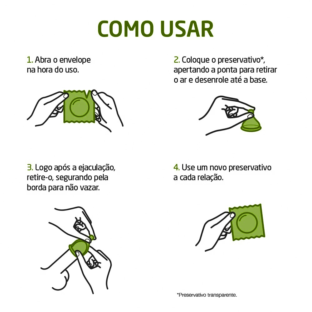 Preservativo Sex Free com instru��es de como abrir a embalagem e colocar o preservativo corretamente