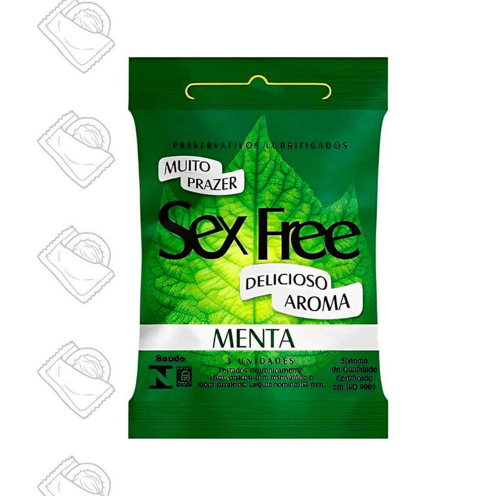 Embalagem do Preservativo Sex Free Aroma de Menta com representa��o de preservativos vazados ao lado, enfatizando a prote��o