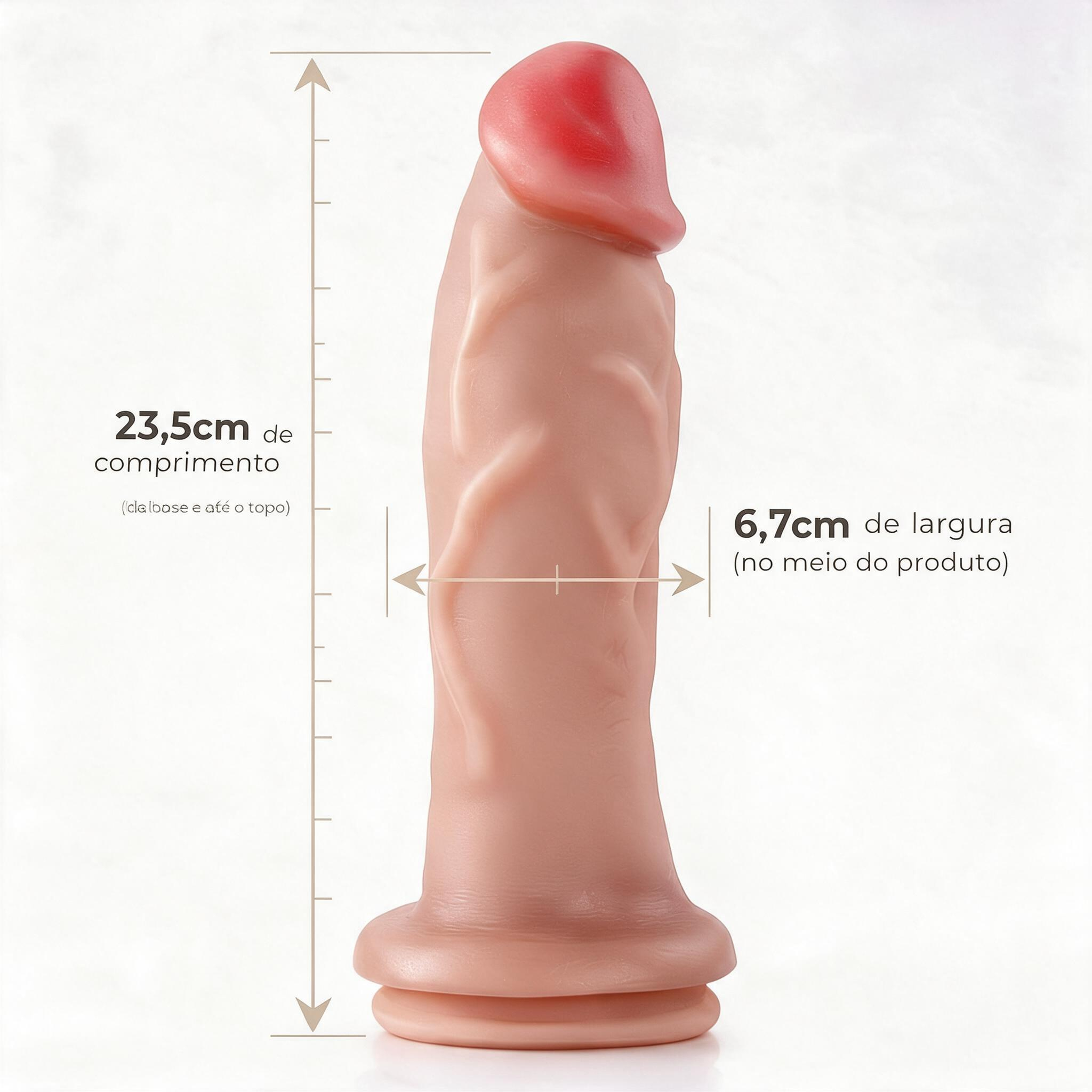 Detalhe da ponta do P�nis Gigante e Grosso Flex�vel com Ventosa Dotado Bege, evidenciando a glande e o acabamento real�stico