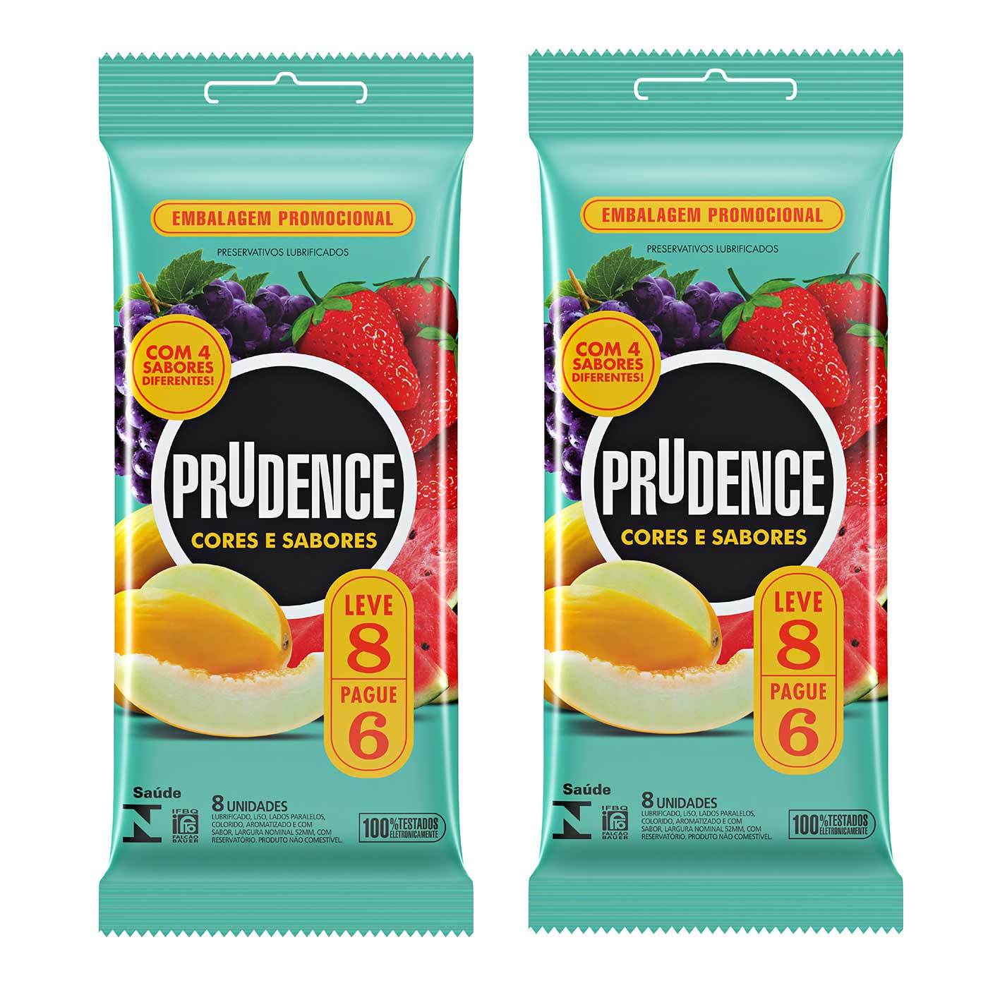 Embalagens promocionais do Preservativo Prudence Mix de Sabores Leve 8 Pague 6 Unidades, mostrando duas unidades do produto.