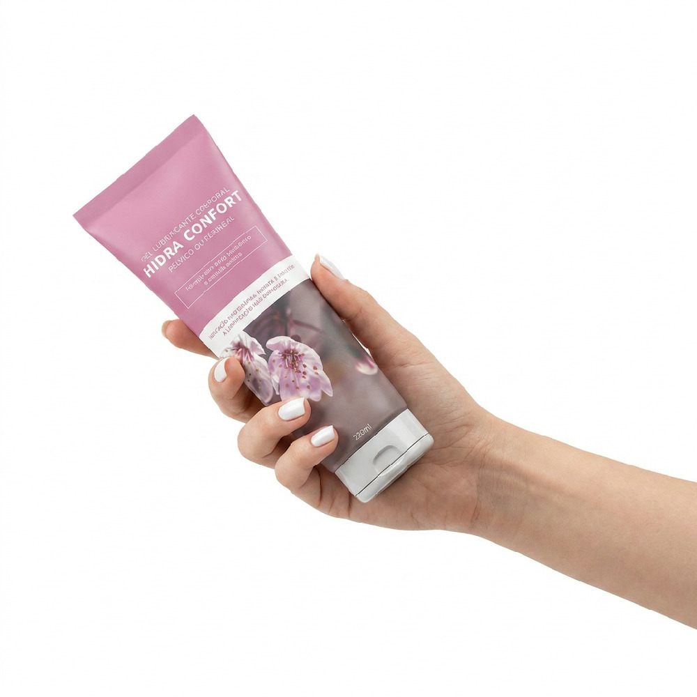 Lubrificante em Gel Hidra Confort P�lvico ou Perineal 220ml na m�o, mostrando o design do frasco e a textura suave
