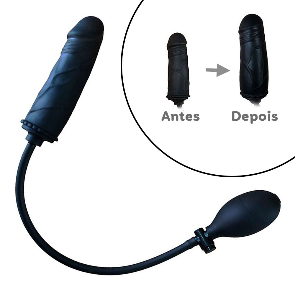 Plug Anal Infl�vel Expans�o Gradual em Silicone Preto com bomba manual destacando efeito 'antes e depois' da dilata��o