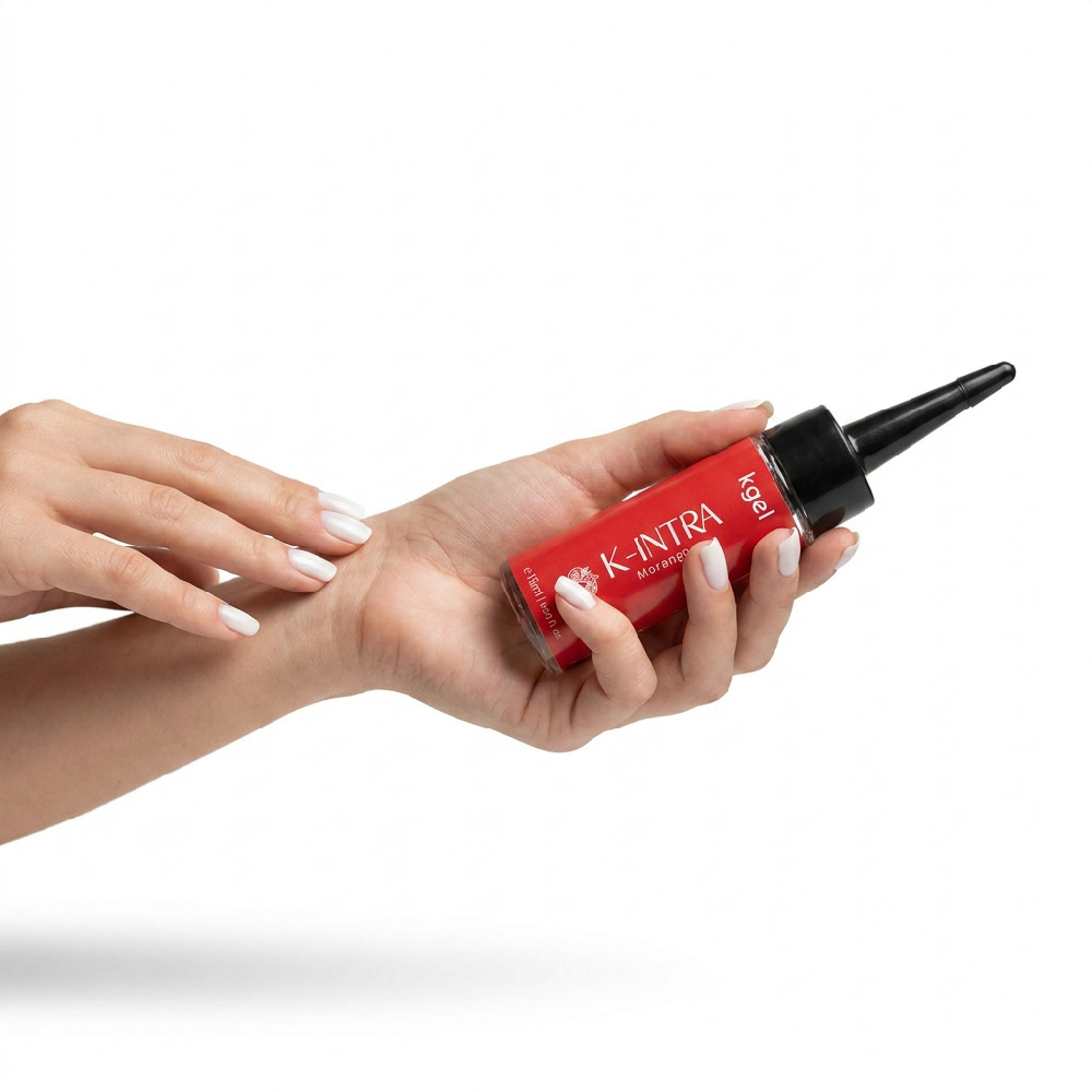 Detalhe da embalagem do Gel K-Intra Morango 15ml com informa��es de volume e ingredientes