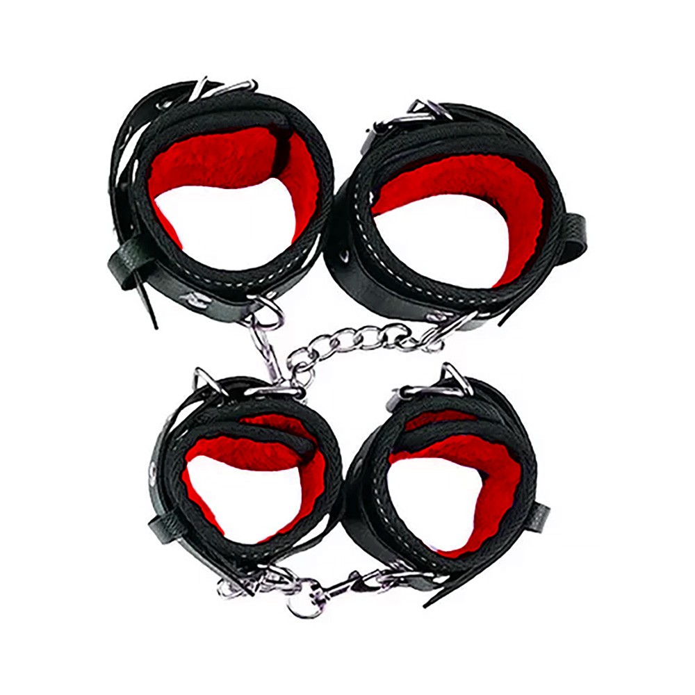 Algemas e tornozeleiras do Kit Bondage 7 pe�as na cor vermelha, com forro de pel�cia e correntes de metal