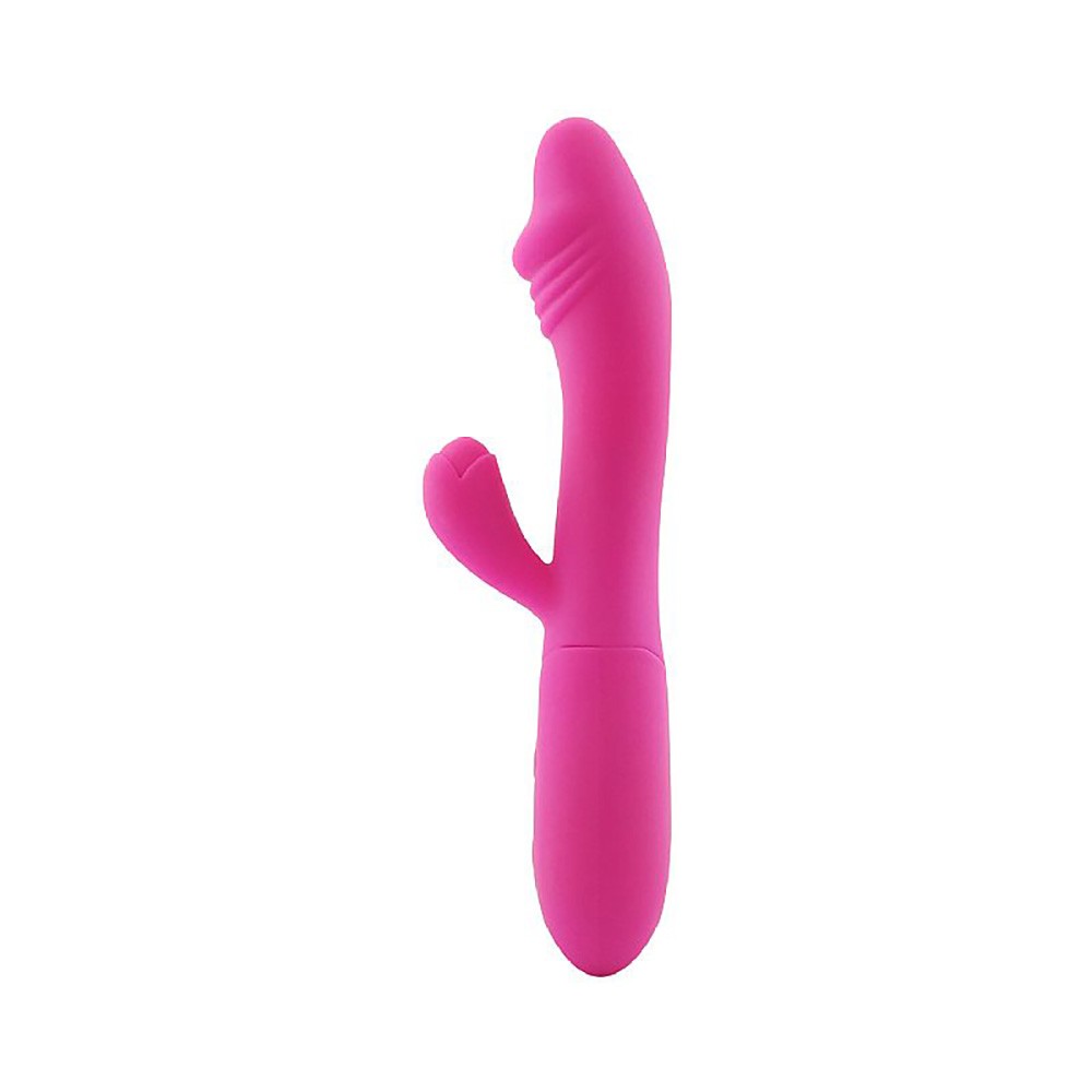 Vista lateral do Vibrador Duplo Ila Pink, mostrando o formato ergon�mico e o detalhe das texturas na ponta