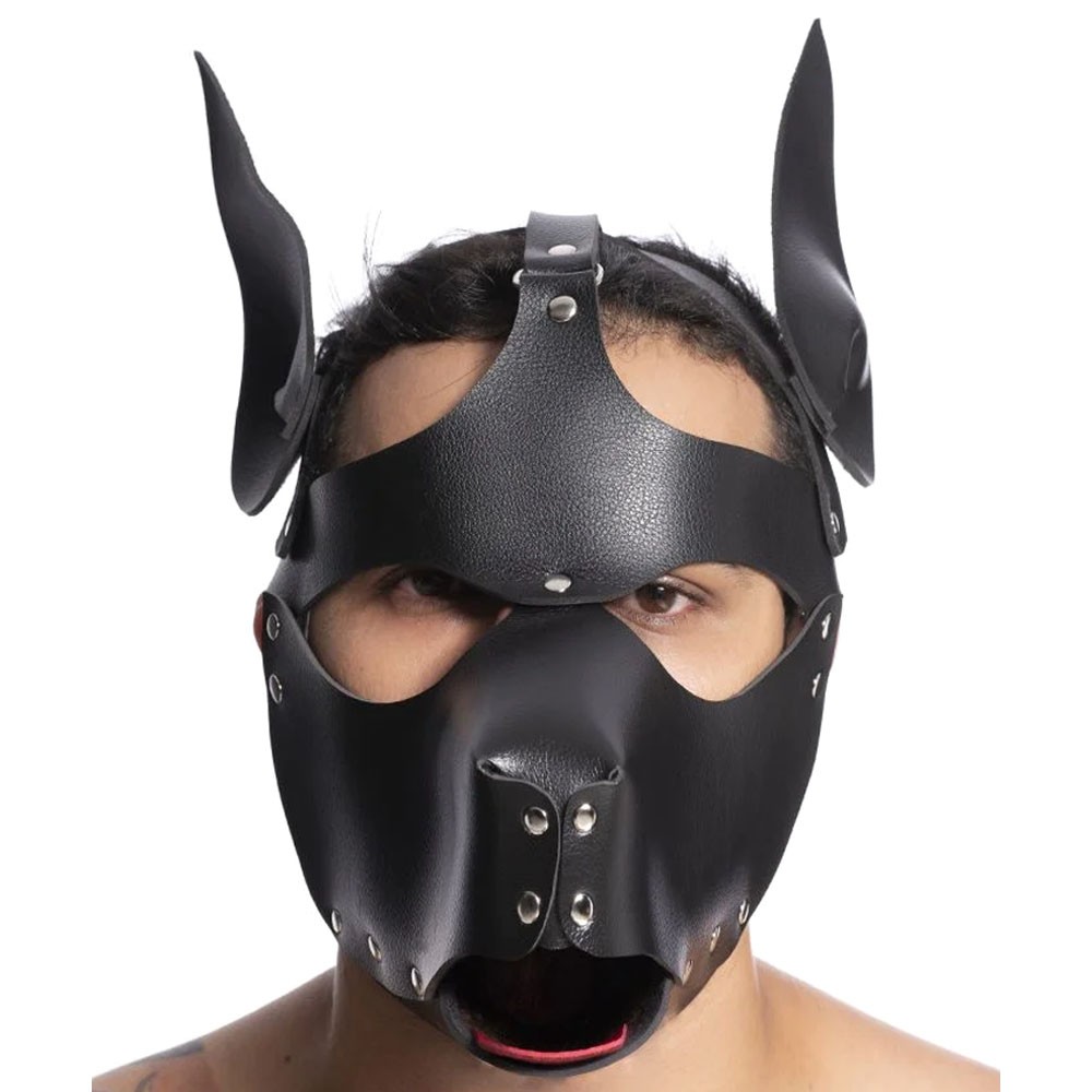M�scara Cachorro Sado em PU com Rebites Ajust�vel Preta - vista frontal ampla com orelhas em destaque
