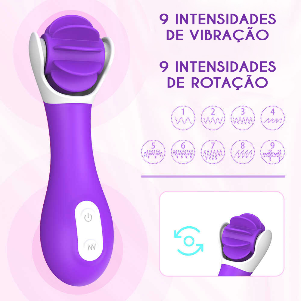 Simulador de Sexo Oral em Silicone Roxo com detalhes das 9 intensidades de vibra��o e rota��o