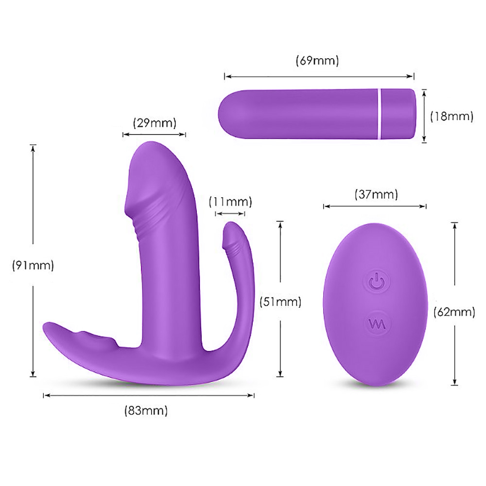 Vibrador de silicone lil�s em vista superior e controle remoto, com indica��es de medidas em mil�metros, destacando seu tamanho compacto